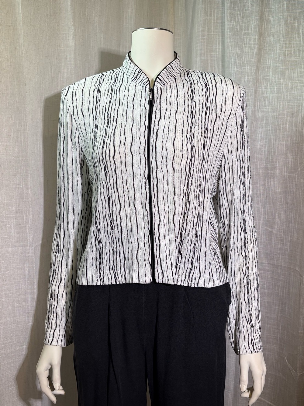 Vintage Alex Evenings Black and White Rhinestone Striped Blazer